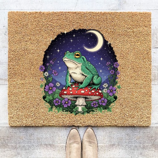 Green Frog on Red Mushroom - Starry Night Coir Doormats