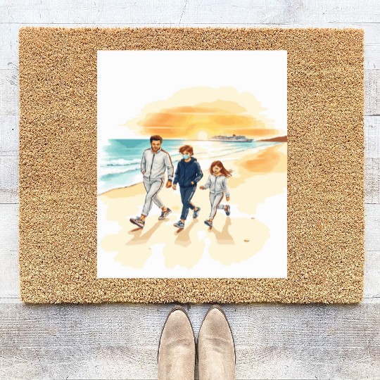 family walking along the beach. Coir Doormats
