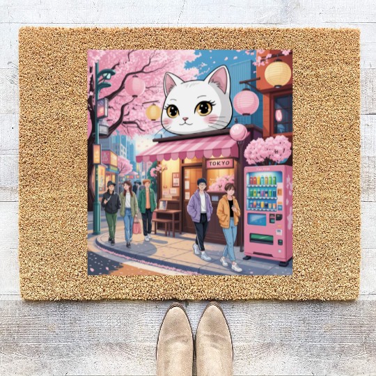 Tokyo Sakura Stroll – Cute Girl Under Cherry Bloss Coir Doormats
