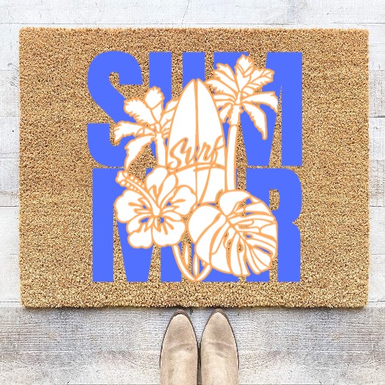 Summer Surfboard & Palm Tree Tropical Design Coir Doormats