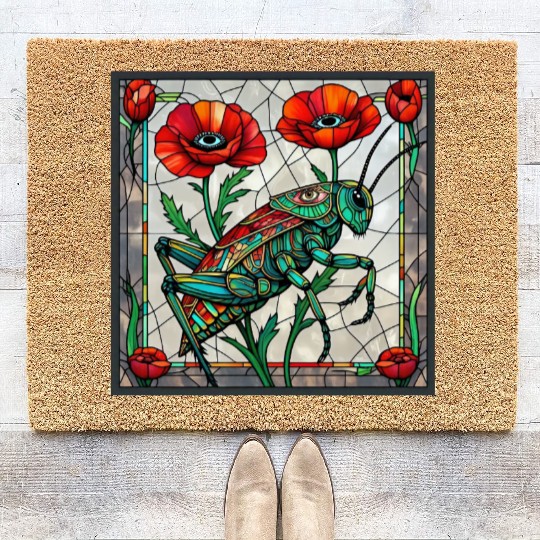 Grasshopper cricket stained glass poppy flower Coir Doormats