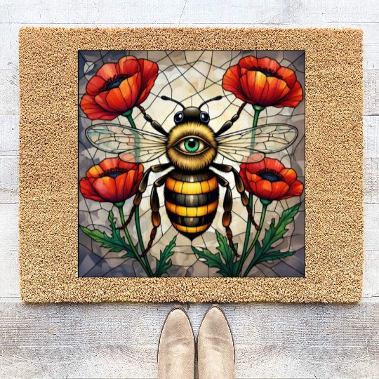 Bumble bee stained glass vibrant poppy flower eye Coir Doormats