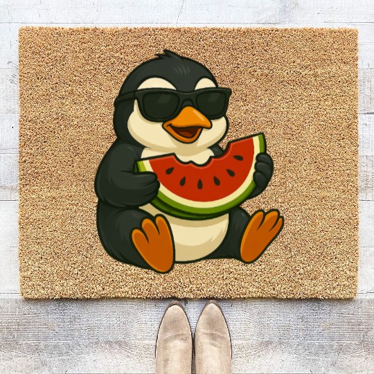 Cute penguin with watermelon fruit summer cartoon Coir Doormats
