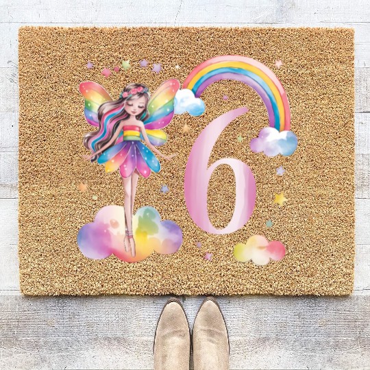 Magical Rainbow Fairy Elf 6th Birthday Girl Coir Doormats