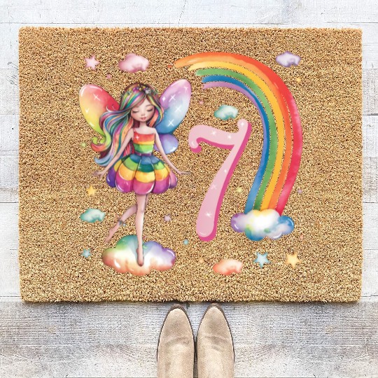 Magical Rainbow Fairy Elf 7th Birthday Girl Coir Doormats