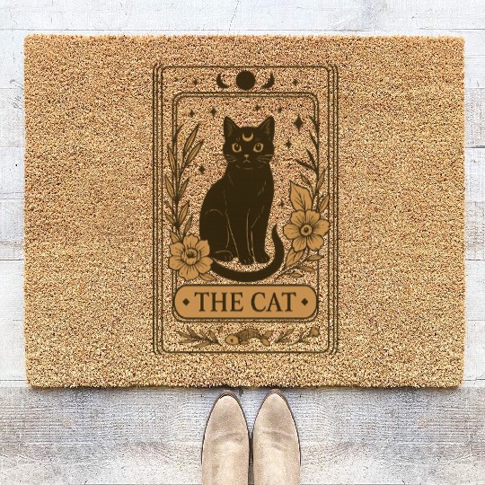 The Cat Tarot Card, Mystical Black Cat, Celestial Coir Doormats