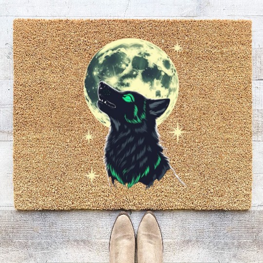 Celestial Howl – Mystical Wolf Under Moonlight Coir Doormats