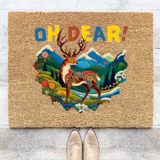 Oh-Dear-Wanderlust-Deer-in-Jungle-Tibetan-Folk-Art Coir Doormats