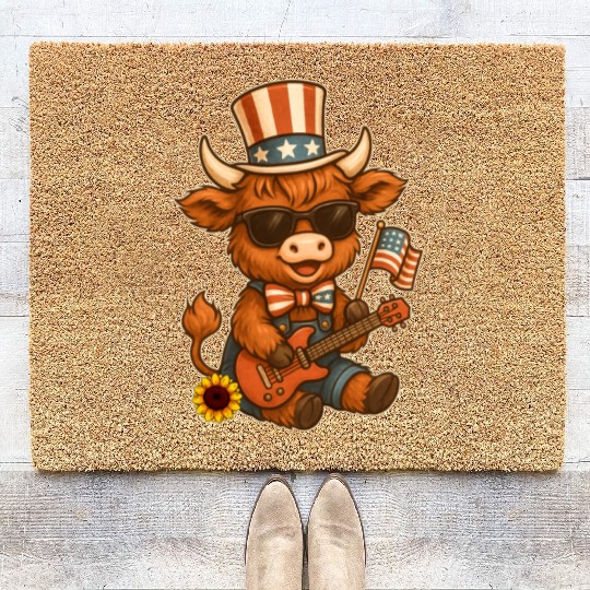 Funny Highland Cow Patriotic Outfit Playing Guitar Coir Doormats