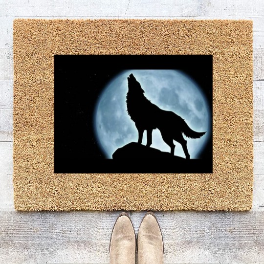 Wolf howling in the moonlight Coir Doormats