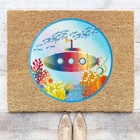 Colorful Submarine in a Tropical Coral Reef Coir Doormats