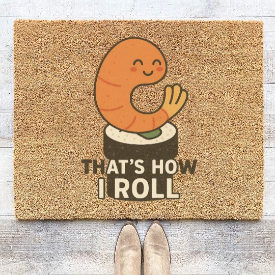Cute Sushi Shrimp Roll Illustration Coir Doormats
