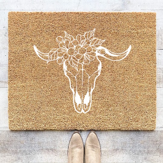 Floral Bull Skull Tattoo Design Coir Doormats