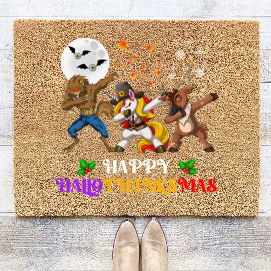Happy Hallothanksmas Dabbing werewolf Unicorn Deer Coir Doormats