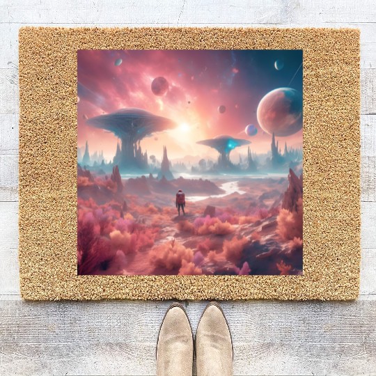 Alien Planet Explorer in Surreal Landscape Coir Doormats