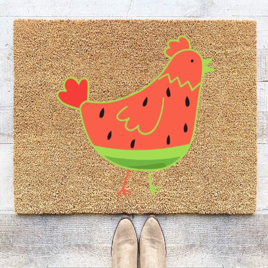 Whimsical Watermelon Chicken Illustration Coir Doormats