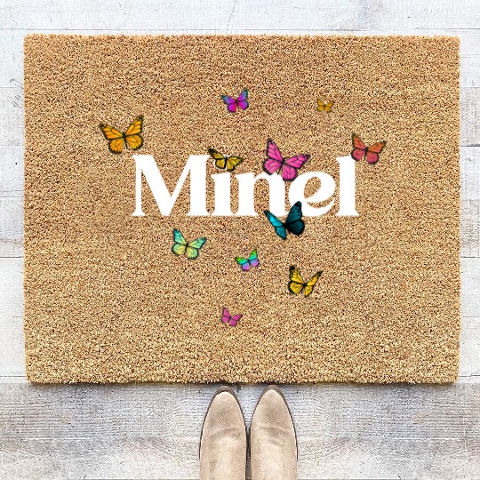 MINEL - beautiful girl name with cute butterflies Coir Doormats