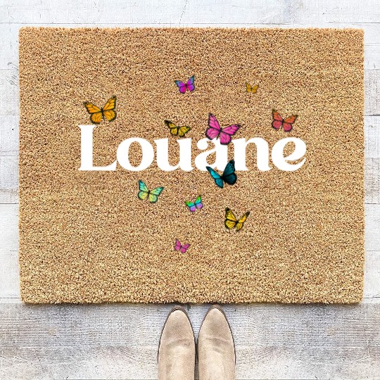 LOUANE - beautiful girl name with cute butterflies Coir Doormats