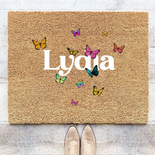 LYDIA - beautiful girl name with cute butterflies Coir Doormats