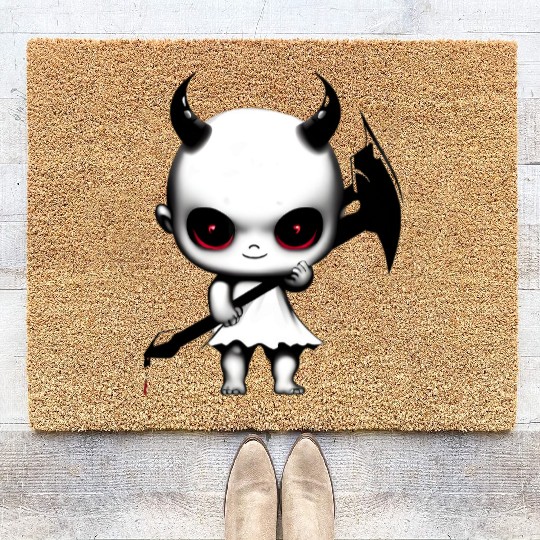 Cute Demon Baby with Horns and Bat Wings Coir Doormats