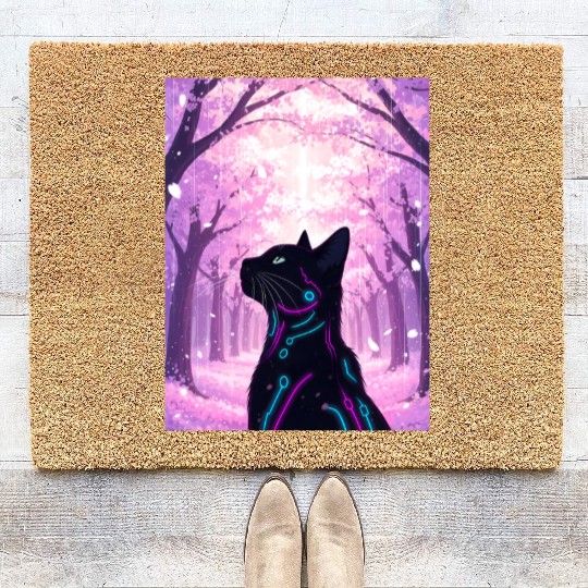 Midnight Cyber Cat | Pink Cherry Blossom Forest Coir Doormats