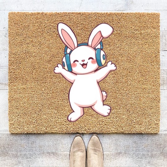 Joyful Bunny with Headphones Coir Doormats
