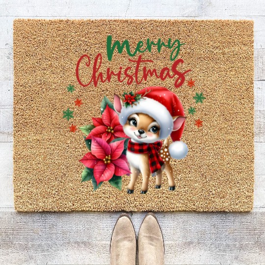 Festive Christmas Puppy with Poinsettia Coir Doormats