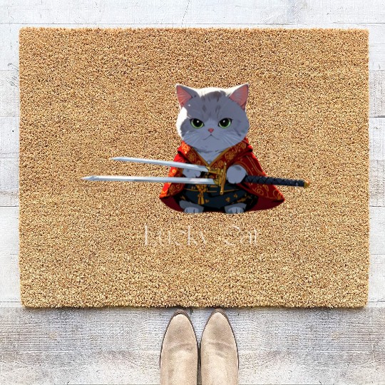 Mythic Warrior Cat with Swords Coir Doormats