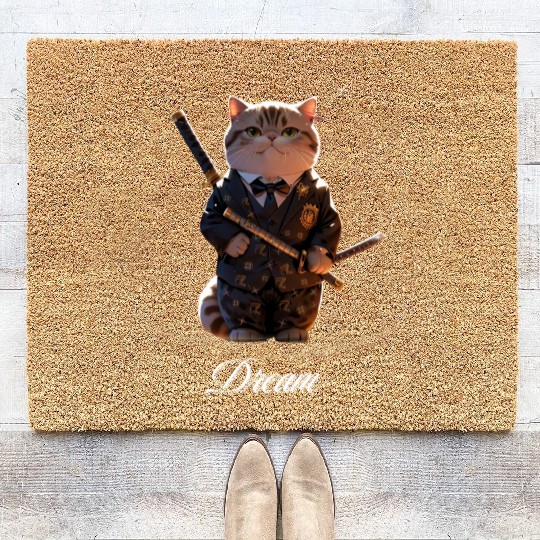 Samurai Cat in Formal Kimono Coir Doormats