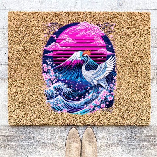 Neon Sakura Crane & Mount Fuji Scene Coir Doormats