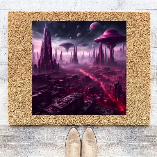 Sci-Fi Future World And Alien City in Neon Pink Coir Doormats