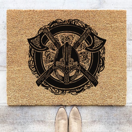 Axes of Valhalla: Viking Helmet Celtic Knot Design Coir Doormats