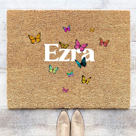 EZRA - beautiful girl name with cute butterflies Coir Doormats