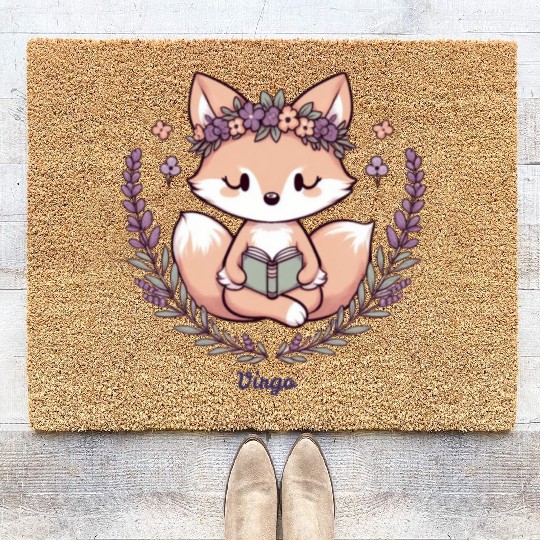Cute Fox Virgo Reading with Floral Crown Coir Doormats