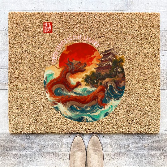 Japanese Dragon and Pagoda Sunset Art Coir Doormats