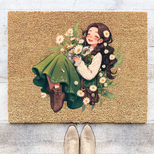 Whimsical Daisy Girl Illustration Coir Doormats