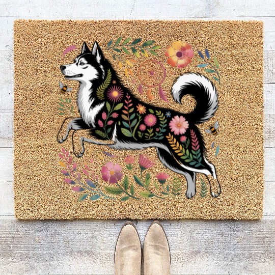 Mystical Forest Hasky Dog with Floral Accents Coir Doormats