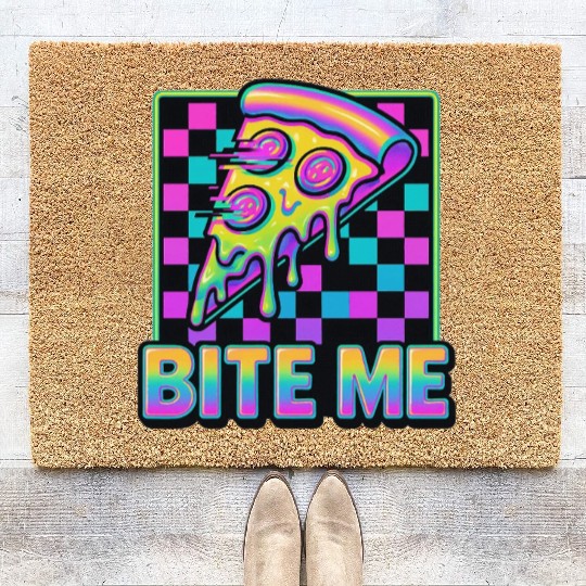 Bite Me – Y2K Glitch Pizza Neon Coir Doormats