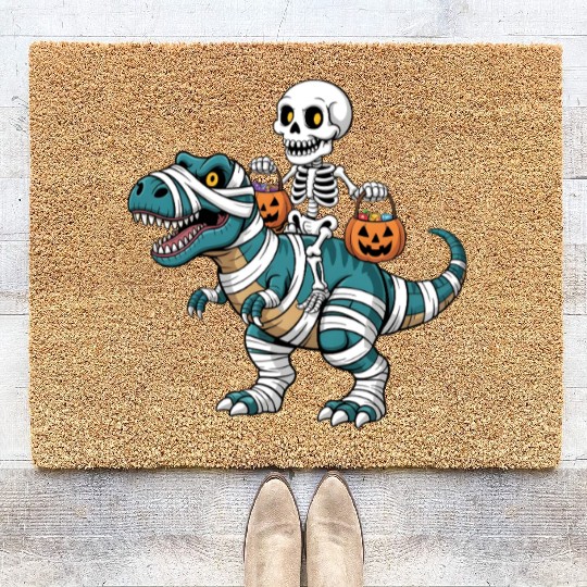 Skeleton Riding Mummy Dinosaur Funny Halloween Coir Doormats