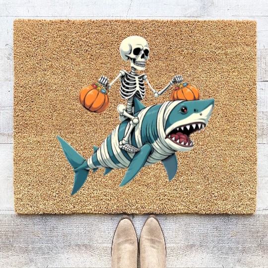 Skeleton Riding Shark Mummy Funny Halloween Coir Doormats