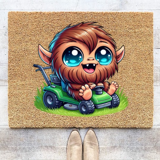 Cute Bigfoot Sasquatch lawnmower gardening cartoon Coir Doormats