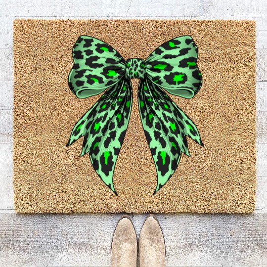 Coquette Bow Cheetah Animal Pattern Lime Green Coir Doormats