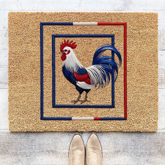 French Rooster Blue White Red National Flag Design Coir Doormats