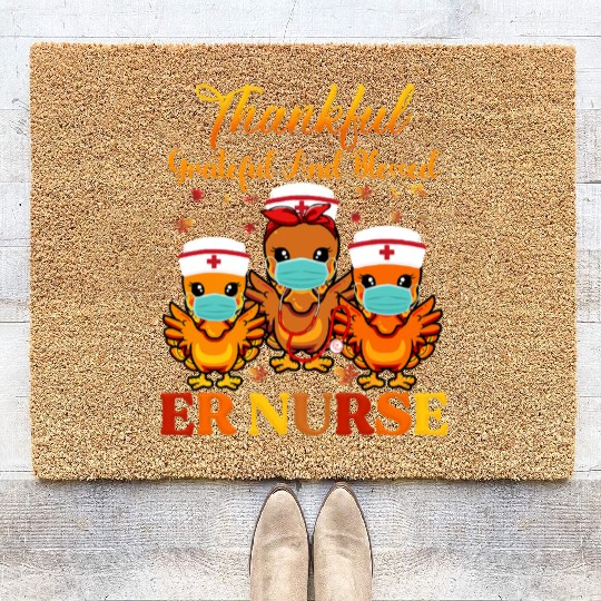 Thankful ER Nurse Chickadees Design Coir Doormats