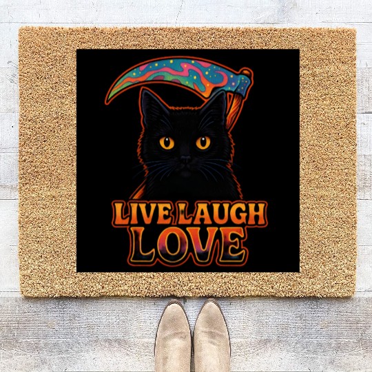 Black Cat Psychedelic Live Laugh Love Coir Doormats