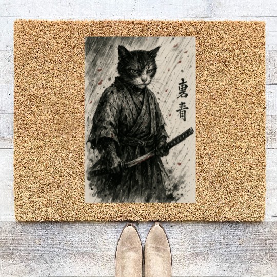 Samurai Cat Warrior Vintage Japanese Art Design Coir Doormats