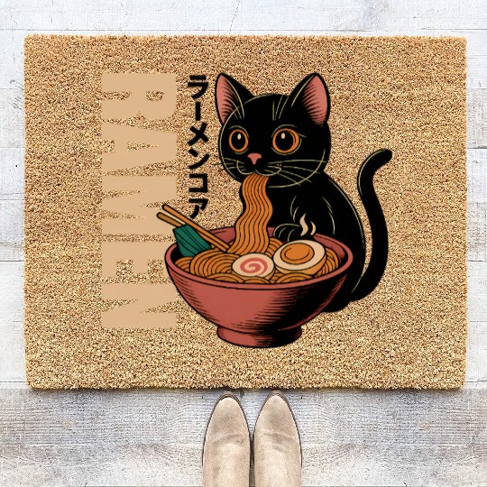 Black Cat Ramen Illustration Coir Doormats