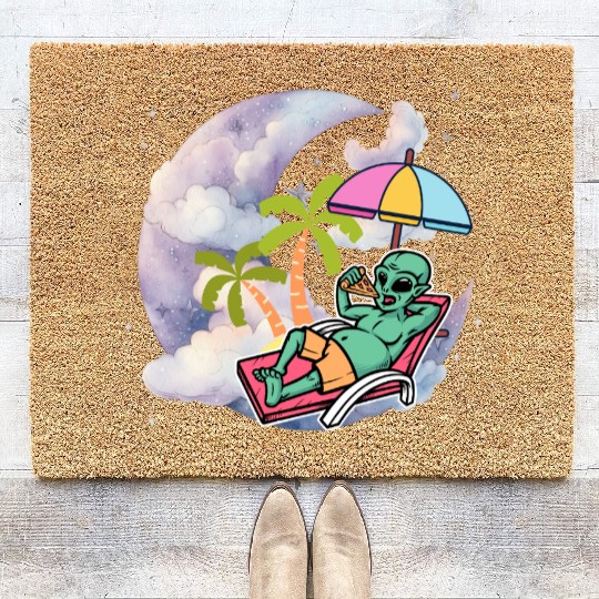 Galactic Alien Relaxing with Pizza Coir Doormats