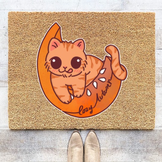 Cozy Autumn Cat on Pumpkin Moon Coir Doormats