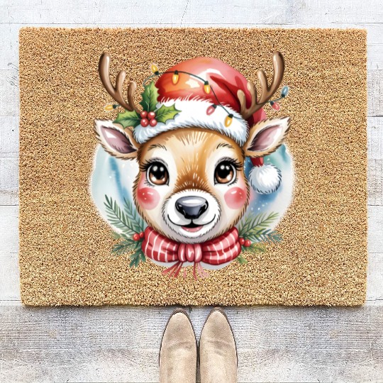 Cute Rudolph Reindeer Watercolor Christmas Art Coir Doormats